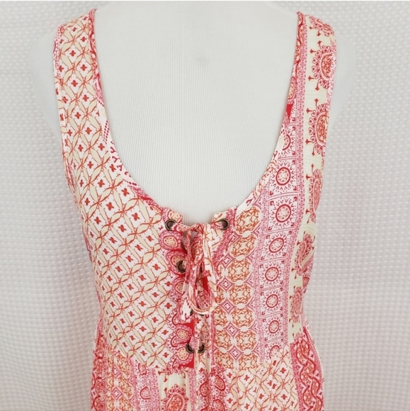 Lulus Dress Cache Creek Lace Up Tiered Swing Dress Red White Floral size Small - Picture 3 of 8